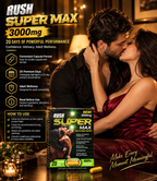 RUSH Super Max 3000mg adult wellness supplement capsules featuring a proprietary herbal blend with Maca Root, Tribulus Terrestris, Siberian Ginseng, Cordyceps Sinensis, Epimedium, L-Arginine, L-Lysine, Vitamin B6, and Vitamin B12. Compact product packaging marketed for adult male wellness, vitality, and sexual wellness support, with ingredient information and a capsule format for convenient storage. Review the original product label for verified ingredients, serving directions, and precautions.