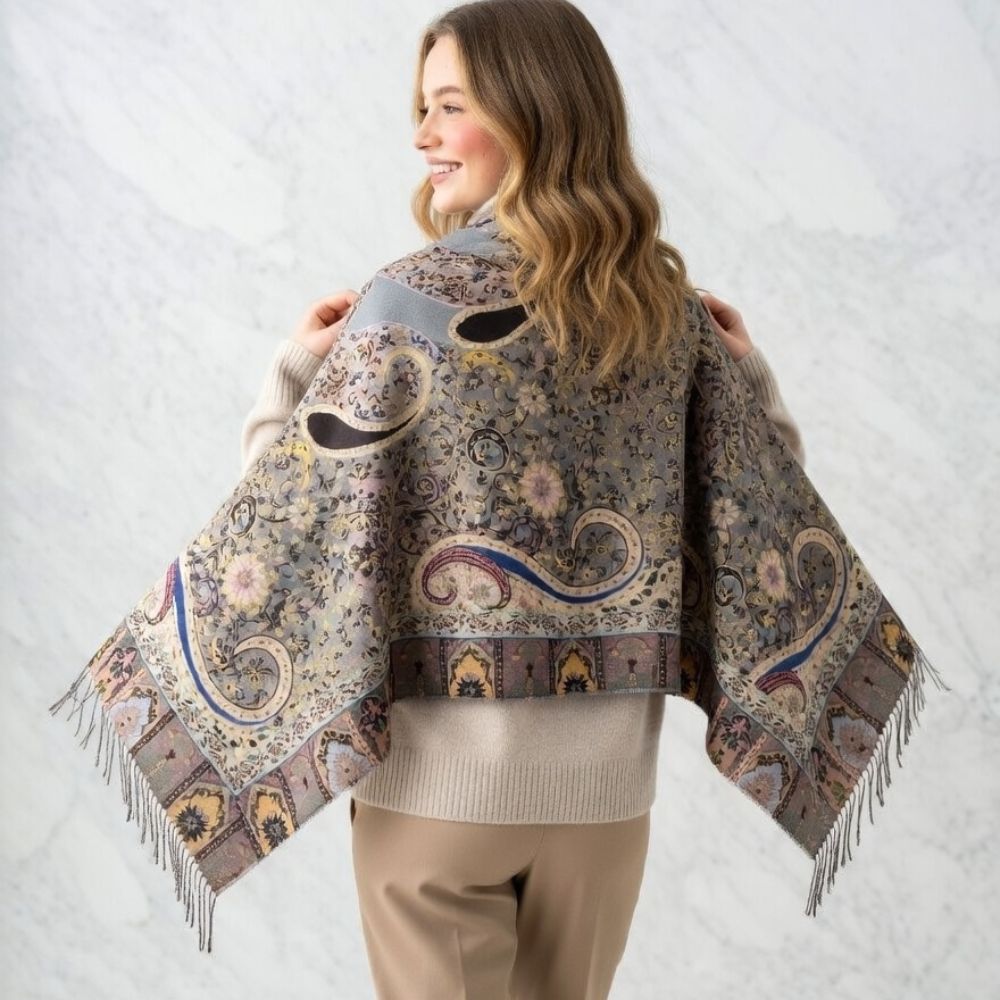 Premium Paisley Wool Shawl for Women – Elegant Printed Winter Wrap Scarf with Fringed Edges