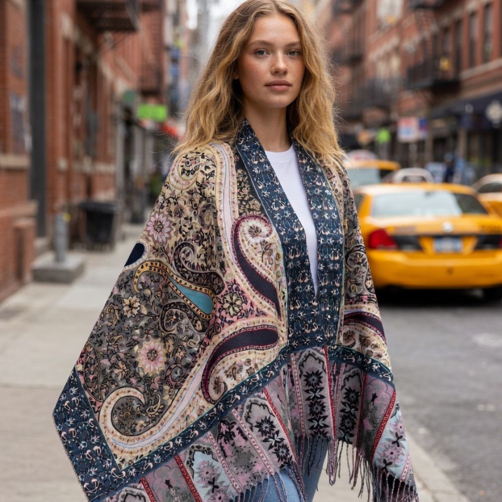 Premium Multicolor Paisley Wool Scarf for Women – Navy Blue, Pink & Beige Printed Winter Wrap with Fringes