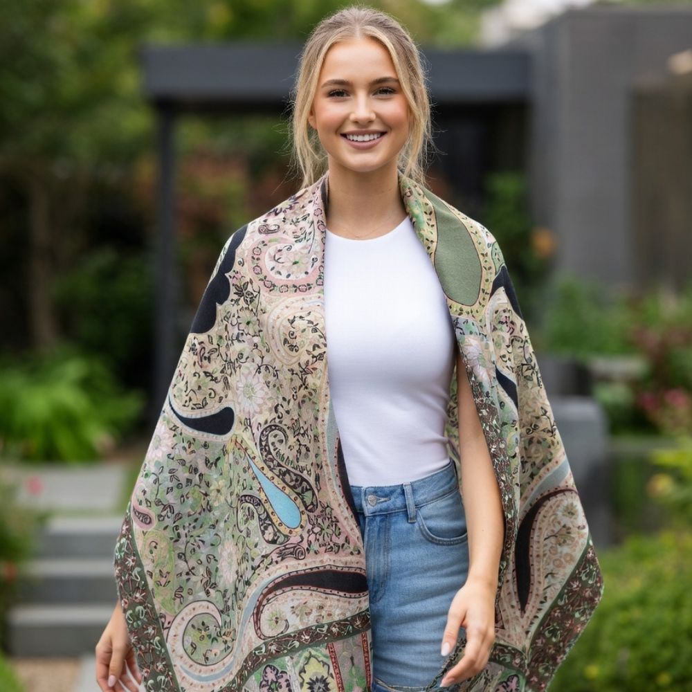 Premium Paisley Wool Shawl for Women – Elegant Printed Winter Wrap with Fringed Edges