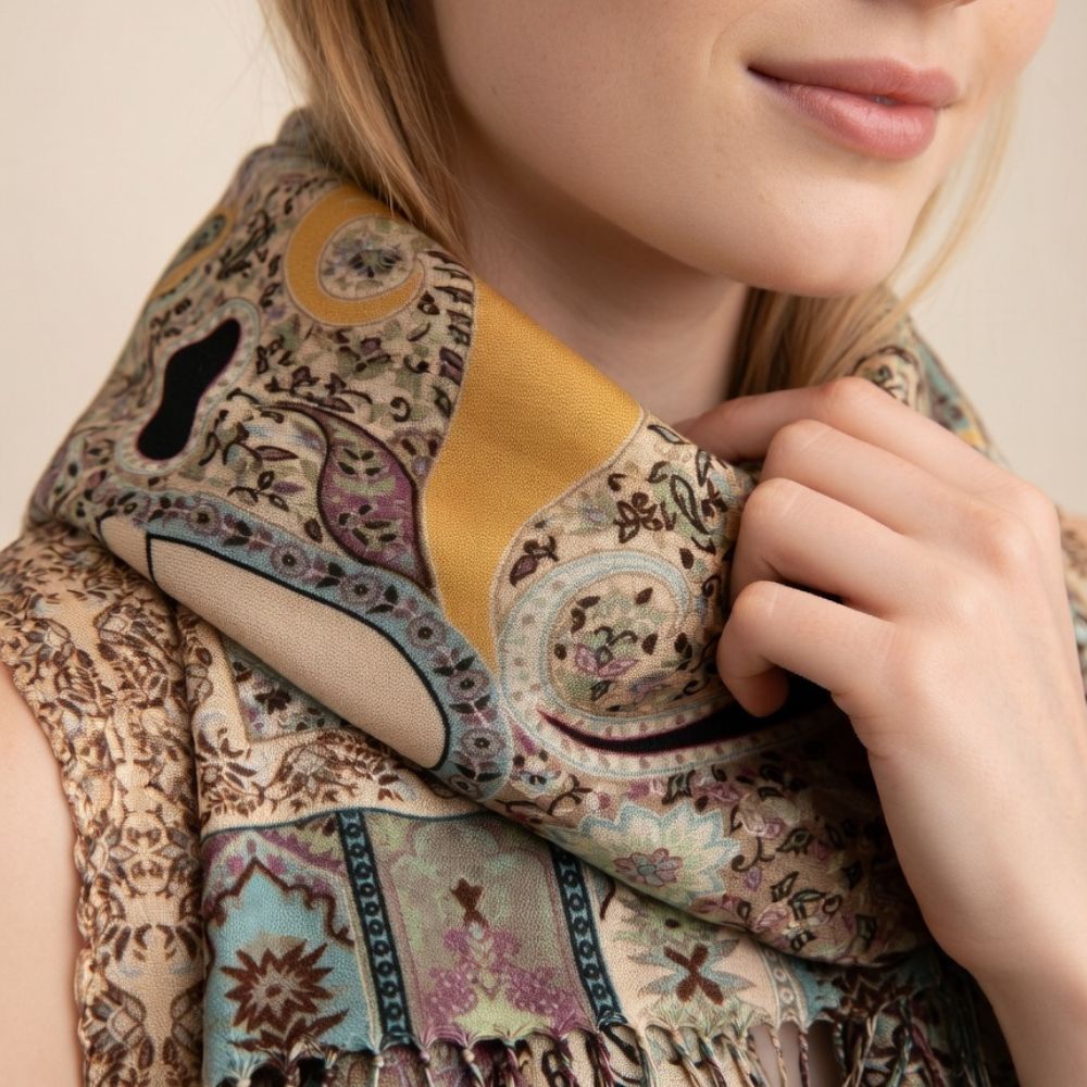 Premium Multicolor Paisley Wool Shawl for Women – Beige, Dusty Pink & Mustard Floral Printed Winter Wrap