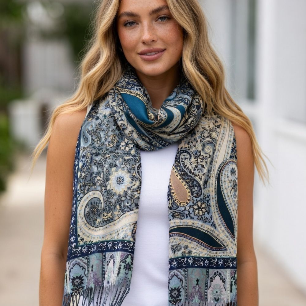 Premium Navy Blue Paisley Wool Scarf for Women – Elegant Printed Winter Wrap with Fringed Edges
