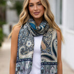 Premium Navy Blue Paisley Wool Scarf for Women