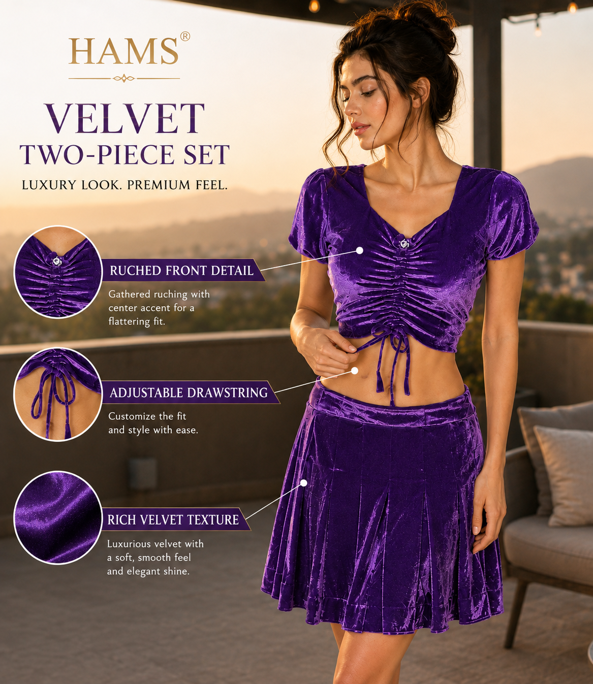Women’s Velvet 2 Piece Outfit Set – Ruched Short Sleeve Crop Top with Drawstring Detail and Pleated Flared Skirt, Purple Matching Set for Parties & Casual Wear