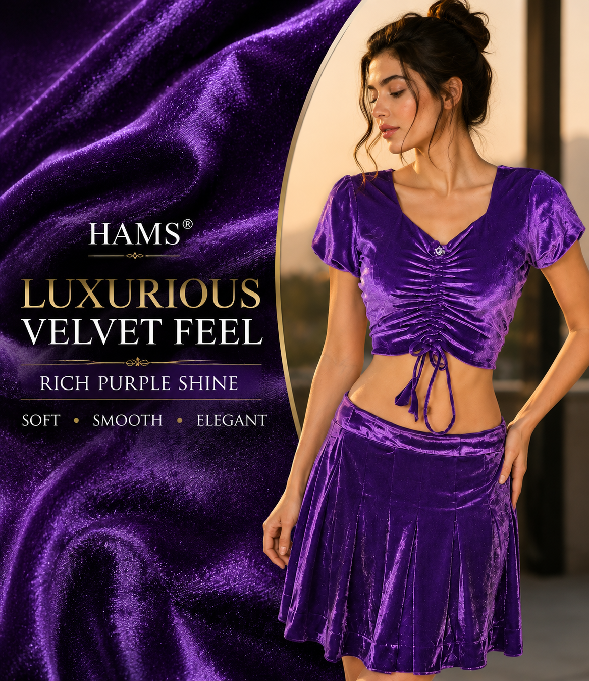 Women’s Velvet 2 Piece Outfit Set – Ruched Short Sleeve Crop Top with Drawstring Detail and Pleated Flared Skirt, Purple Matching Set for Parties & Casual Wear