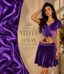 Women’s Velvet 2 Piece Outfit Set – Ruched Short Sleeve Crop Top with Drawstring Detail and Pleated Flared Skirt, Purple Matching Set for Parties & Casual Wear