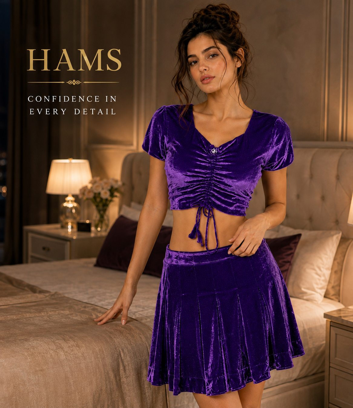 Women’s Velvet 2 Piece Outfit Set – Ruched Short Sleeve Crop Top with Drawstring Detail and Pleated Flared Skirt, Purple Matching Set for Parties & Casual Wear