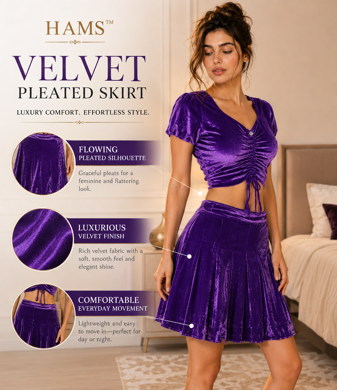 Women’s Velvet 2 Piece Outfit Set – Ruched Short Sleeve Crop Top with Drawstring Detail and Pleated Flared Skirt, Purple Matching Set for Parties & Casual Wear
