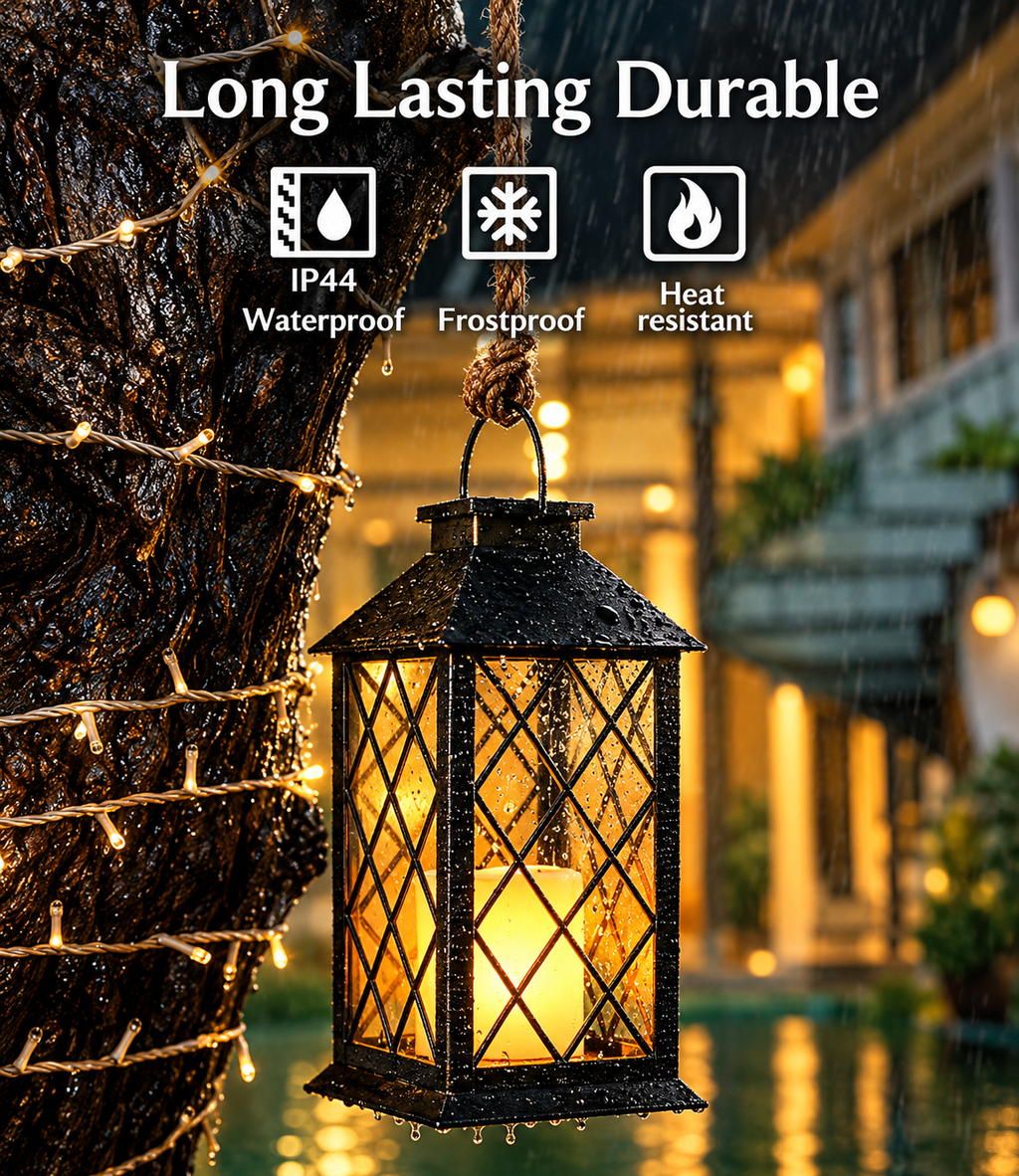 Set of 2 Solar Outdoor Lanterns – Antique Gold Flickering Candle Lights, 14 Inch