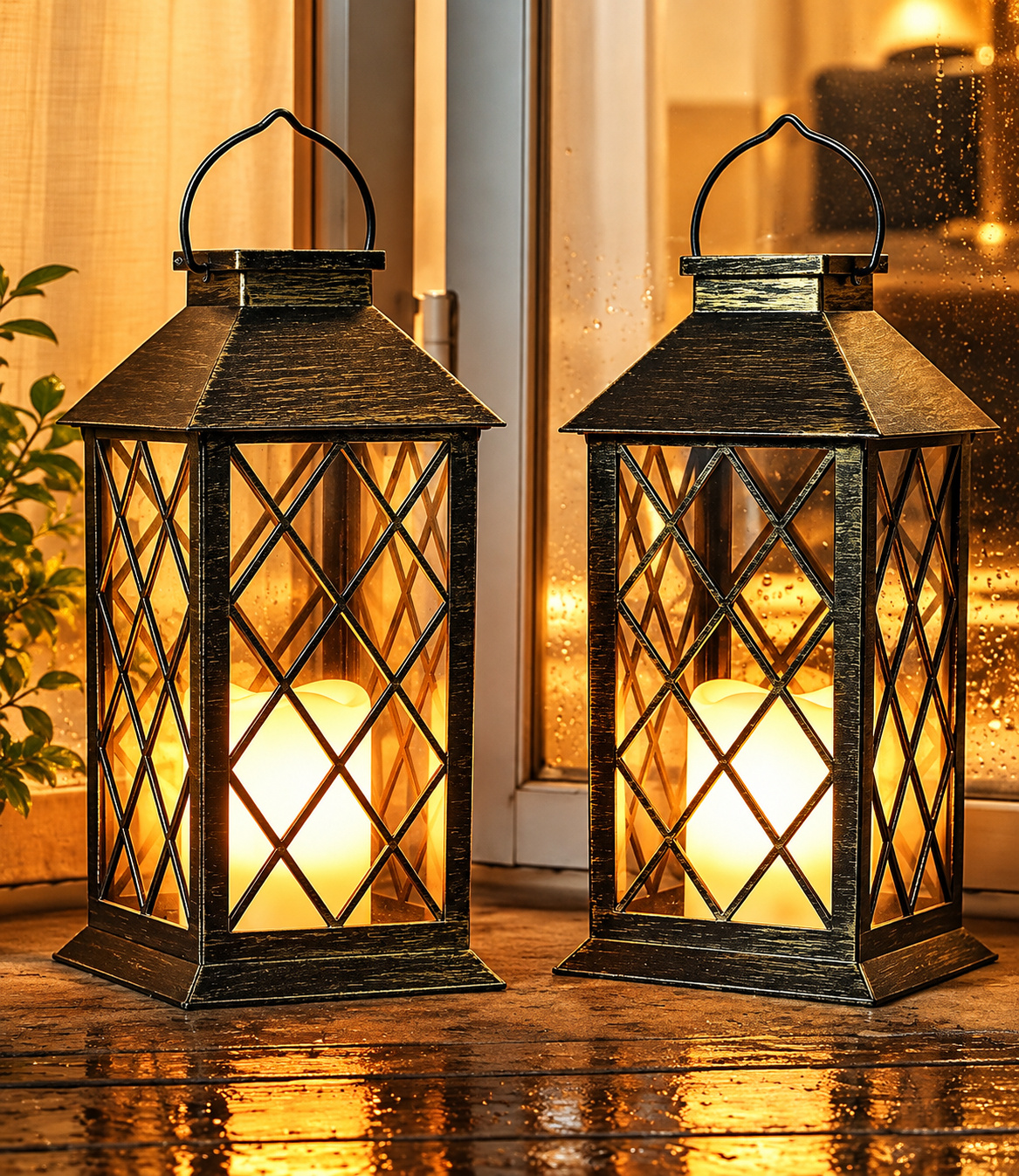 Set of 2 Solar Outdoor Lanterns – Antique Gold Flickering Candle Lights, 14 Inch