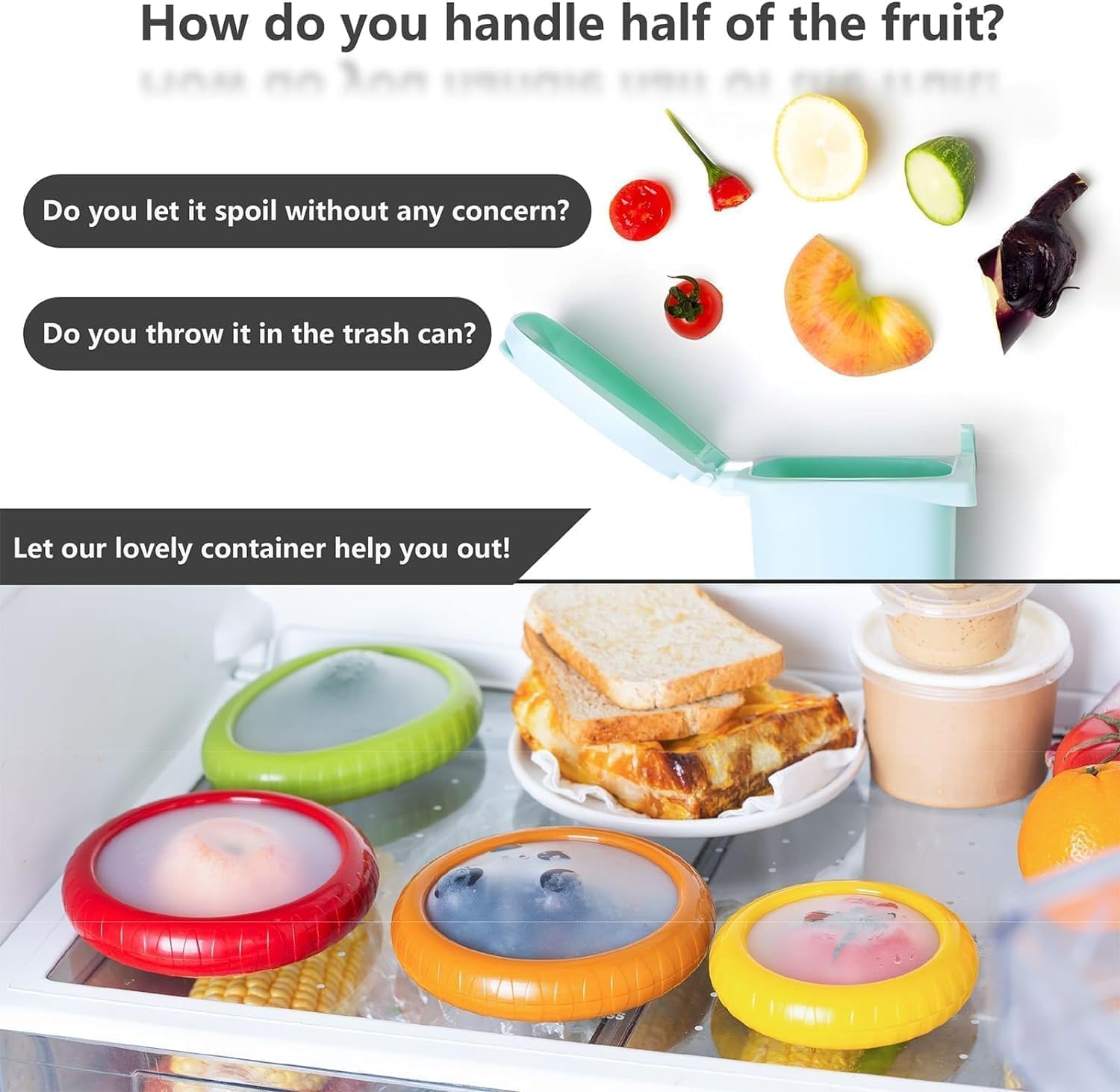 HAMS Silicone Fruit and Vegetable Storage Containers for Fridge, 2 Sets (8-Pack) – Reusable Airtight Produce Savers for Onion, Avocado, Tomato, Lemon & More – Freshness and Kitchen Organization