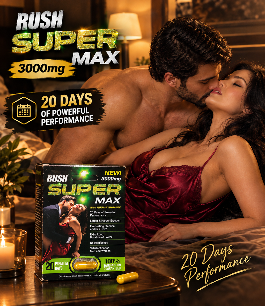 RUSH Super Max 3000mg adult wellness supplement capsules featuring a proprietary herbal blend with Maca Root, Tribulus Terrestris, Siberian Ginseng, Cordyceps Sinensis, Epimedium, L-Arginine, L-Lysine, Vitamin B6, and Vitamin B12. Compact product packaging marketed for adult male wellness, vitality, and sexual wellness support, with ingredient information and a capsule format for convenient storage. Review the original product label for verified ingredients, serving directions, and precautions.