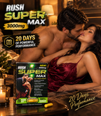 RUSH Super Max 3000mg adult wellness supplement capsules featuring a proprietary herbal blend with Maca Root, Tribulus Terrestris, Siberian Ginseng, Cordyceps Sinensis, Epimedium, L-Arginine, L-Lysine, Vitamin B6, and Vitamin B12. Compact product packaging marketed for adult male wellness, vitality, and sexual wellness support, with ingredient information and a capsule format for convenient storage. Review the original product label for verified ingredients, serving directions, and precautions.