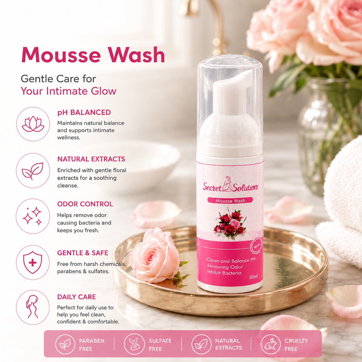 Yoni Mousse Wash | pH-Balanced Feminine Intimate Cleanser | Gentle Rose Care | 60 ml