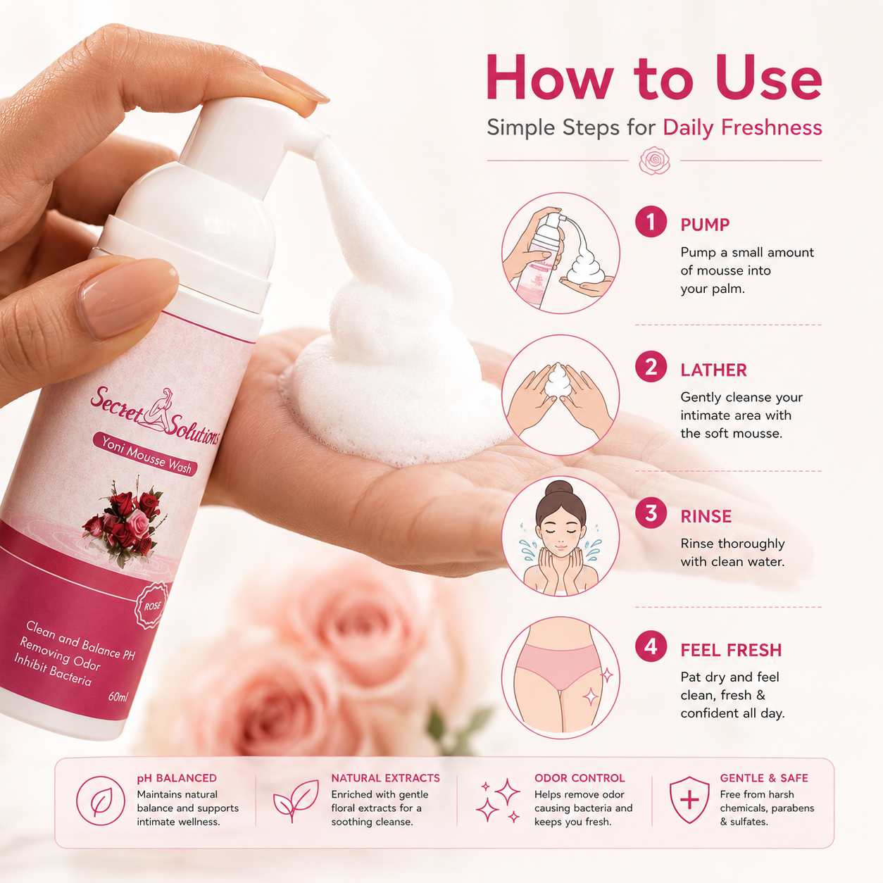 Yoni Mousse Wash | pH-Balanced Feminine Intimate Cleanser | Gentle Rose Care | 60 ml