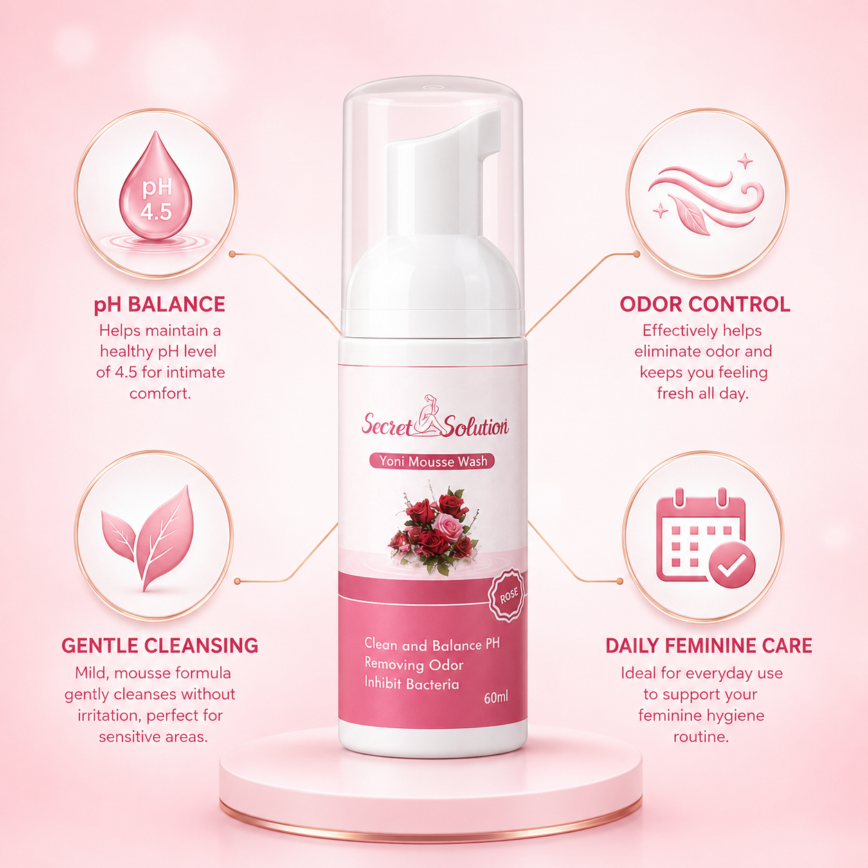Yoni Mousse Wash | pH-Balanced Feminine Intimate Cleanser | Gentle Rose Care | 60 ml
