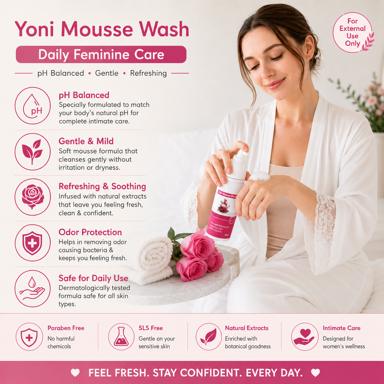 Yoni Mousse Wash | pH-Balanced Feminine Intimate Cleanser | Gentle Rose Care | 60 ml