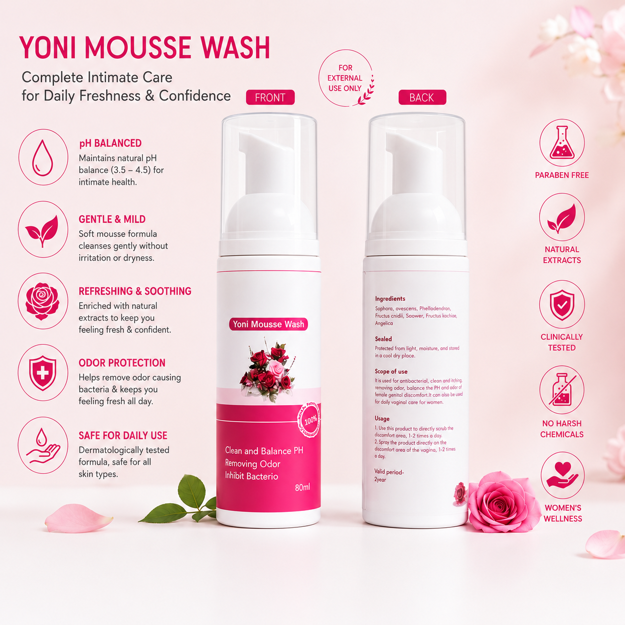 Yoni Mousse Wash | pH-Balanced Feminine Intimate Cleanser | Gentle Rose Care | 60 ml
