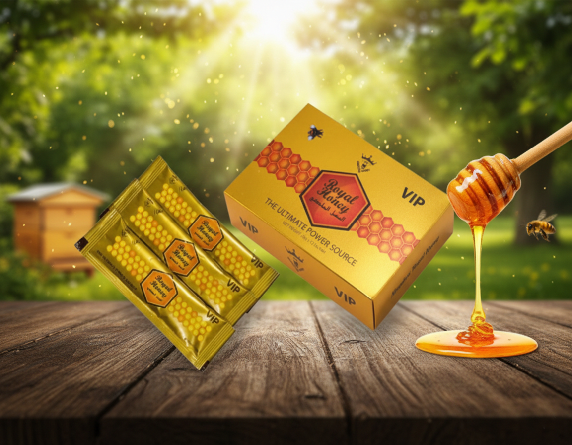 Honey packaging with a honey dipper on a wooden surface with a natural background