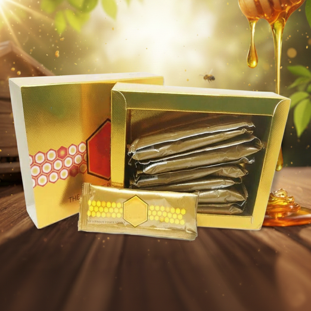 Gold packaging with honeycomb design and honey drizzling, on a wooden surface.
