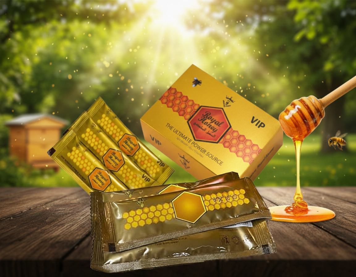 Honey packages and a honey dipper with honey on a wooden surface and natural background