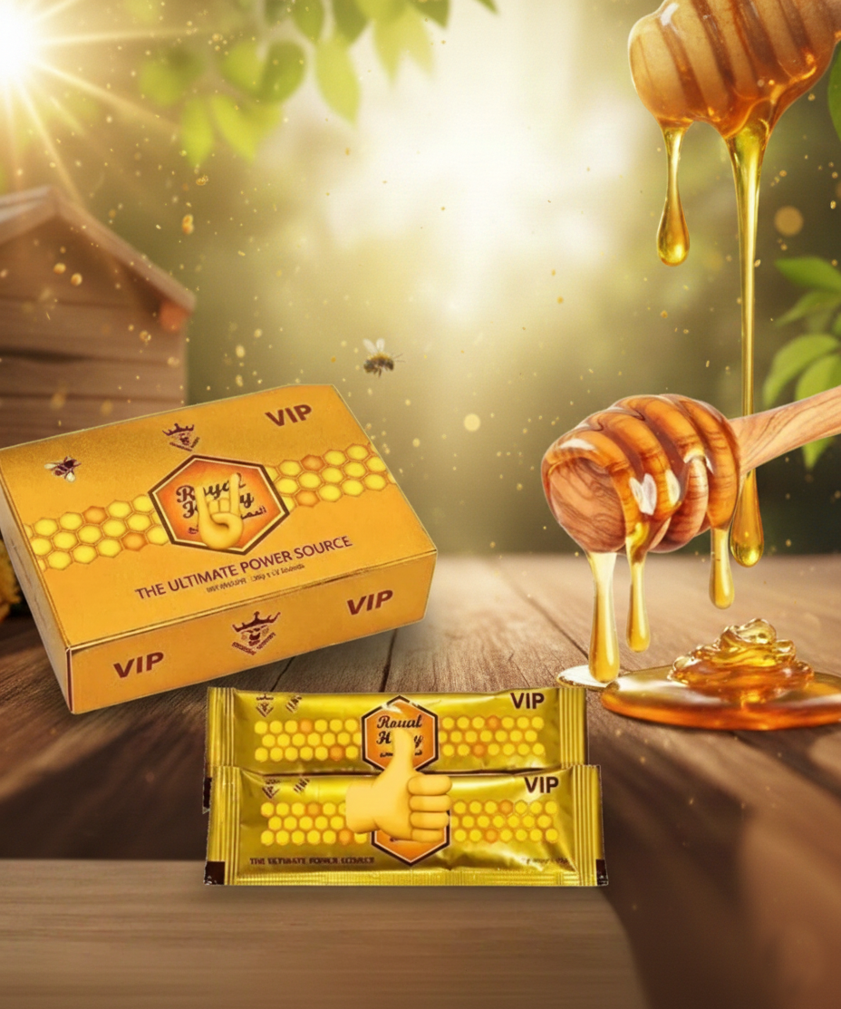 VIP honey packaging with honeycomb design, wooden honey dipper, and beehive in the background.