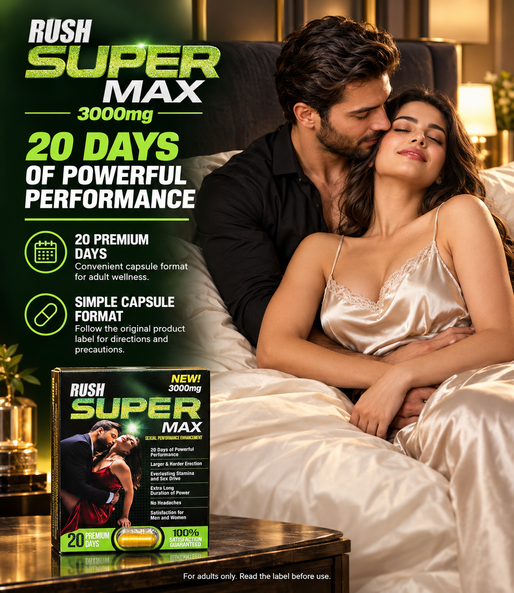 RUSH Super Max 3000mg adult wellness supplement capsules featuring a proprietary herbal blend with Maca Root, Tribulus Terrestris, Siberian Ginseng, Cordyceps Sinensis, Epimedium, L-Arginine, L-Lysine, Vitamin B6, and Vitamin B12. Compact product packaging marketed for adult male wellness, vitality, and sexual wellness support, with ingredient information and a capsule format for convenient storage. Review the original product label for verified ingredients, serving directions, and precautions.