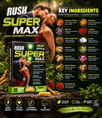 RUSH Super Max 3000mg adult wellness supplement capsules featuring a proprietary herbal blend with Maca Root, Tribulus Terrestris, Siberian Ginseng, Cordyceps Sinensis, Epimedium, L-Arginine, L-Lysine, Vitamin B6, and Vitamin B12. Compact product packaging marketed for adult male wellness, vitality, and sexual wellness support, with ingredient information and a capsule format for convenient storage. Review the original product label for verified ingredients, serving directions, and precautions.