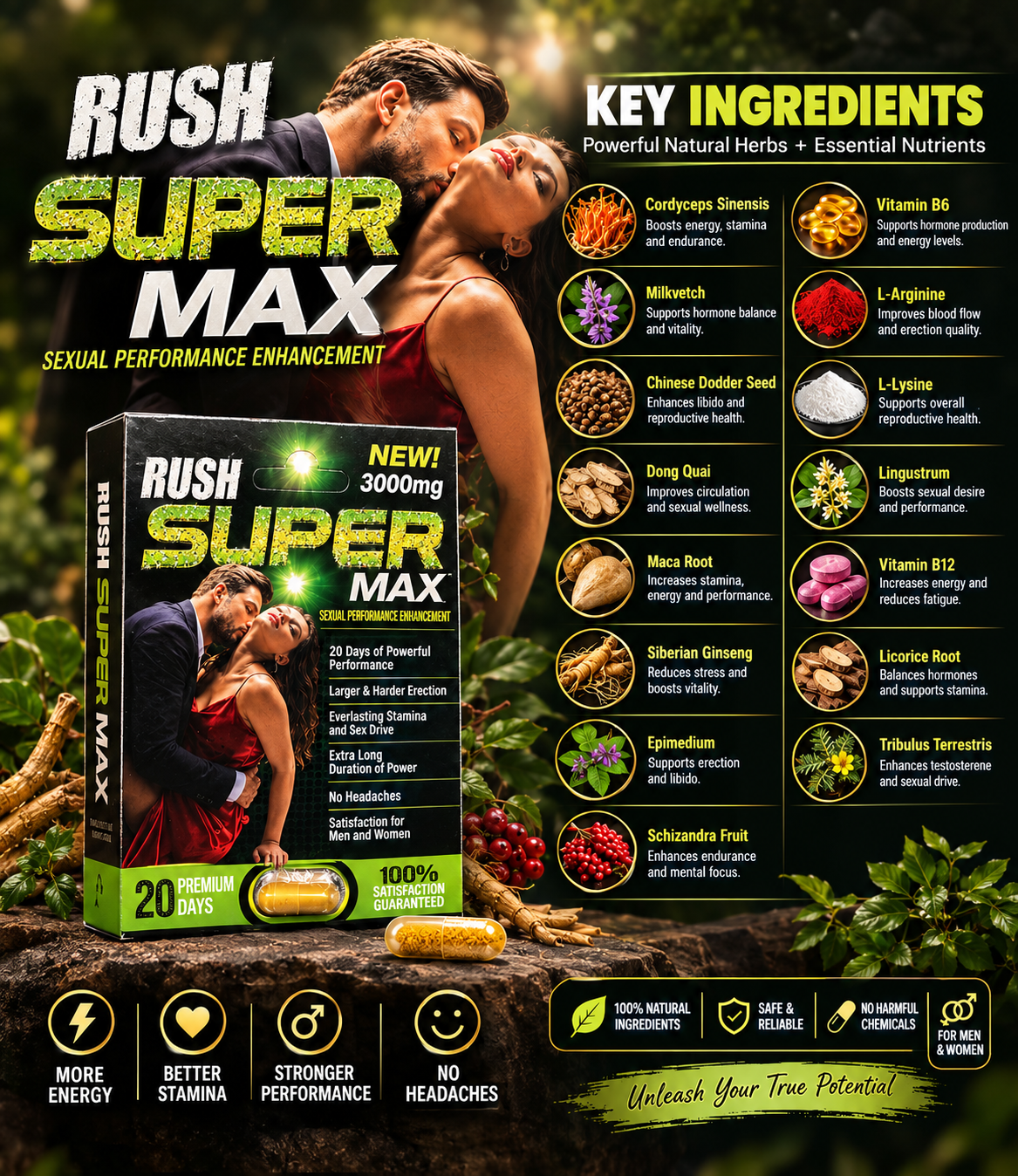 RUSH Super Max 3000mg adult wellness supplement capsules featuring a proprietary herbal blend with Maca Root, Tribulus Terrestris, Siberian Ginseng, Cordyceps Sinensis, Epimedium, L-Arginine, L-Lysine, Vitamin B6, and Vitamin B12. Compact product packaging marketed for adult male wellness, vitality, and sexual wellness support, with ingredient information and a capsule format for convenient storage. Review the original product label for verified ingredients, serving directions, and precautions.