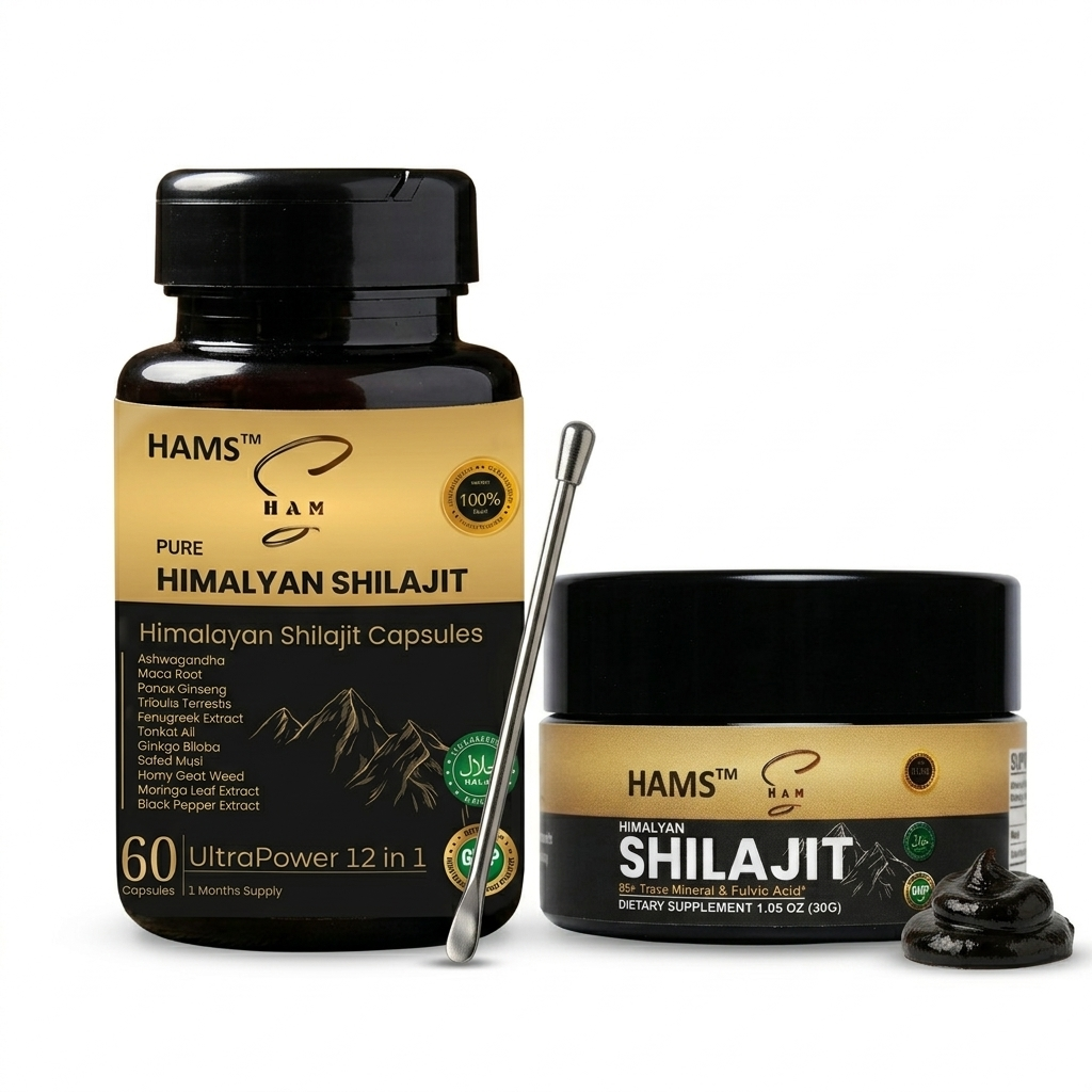 HAMS™ Himalayan Shilajit Resin + 12 in 1 Ashwagandha Blend Combo Pack of 2 | Authentic Mumijo, 84+ Trace Minerals, Fulvic Acid & Elemental Gold | High Potency Lab Tested Supplement