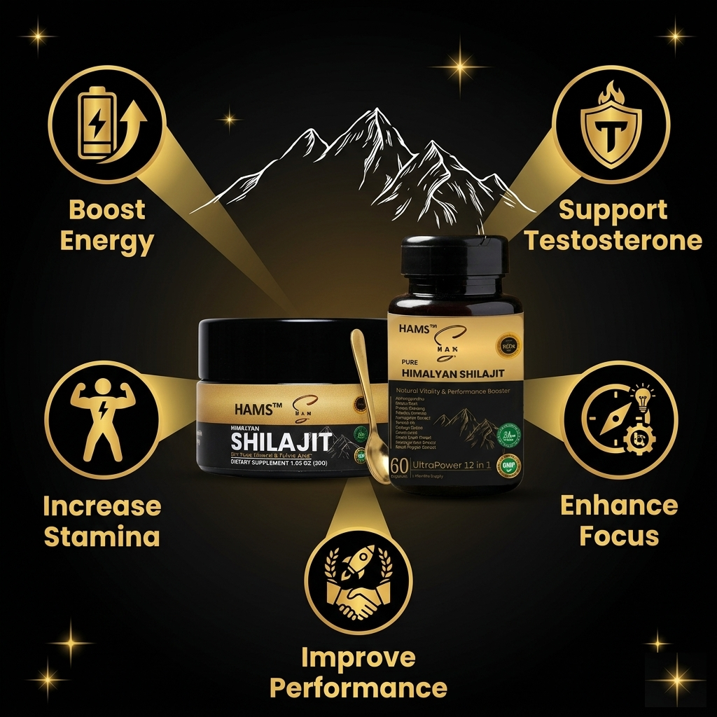 HAMS™ Himalayan Shilajit Resin + 12 in 1 Ashwagandha Blend Combo Pack of 2 | Authentic Mumijo, 84+ Trace Minerals, Fulvic Acid & Elemental Gold | High Potency Lab Tested Supplement