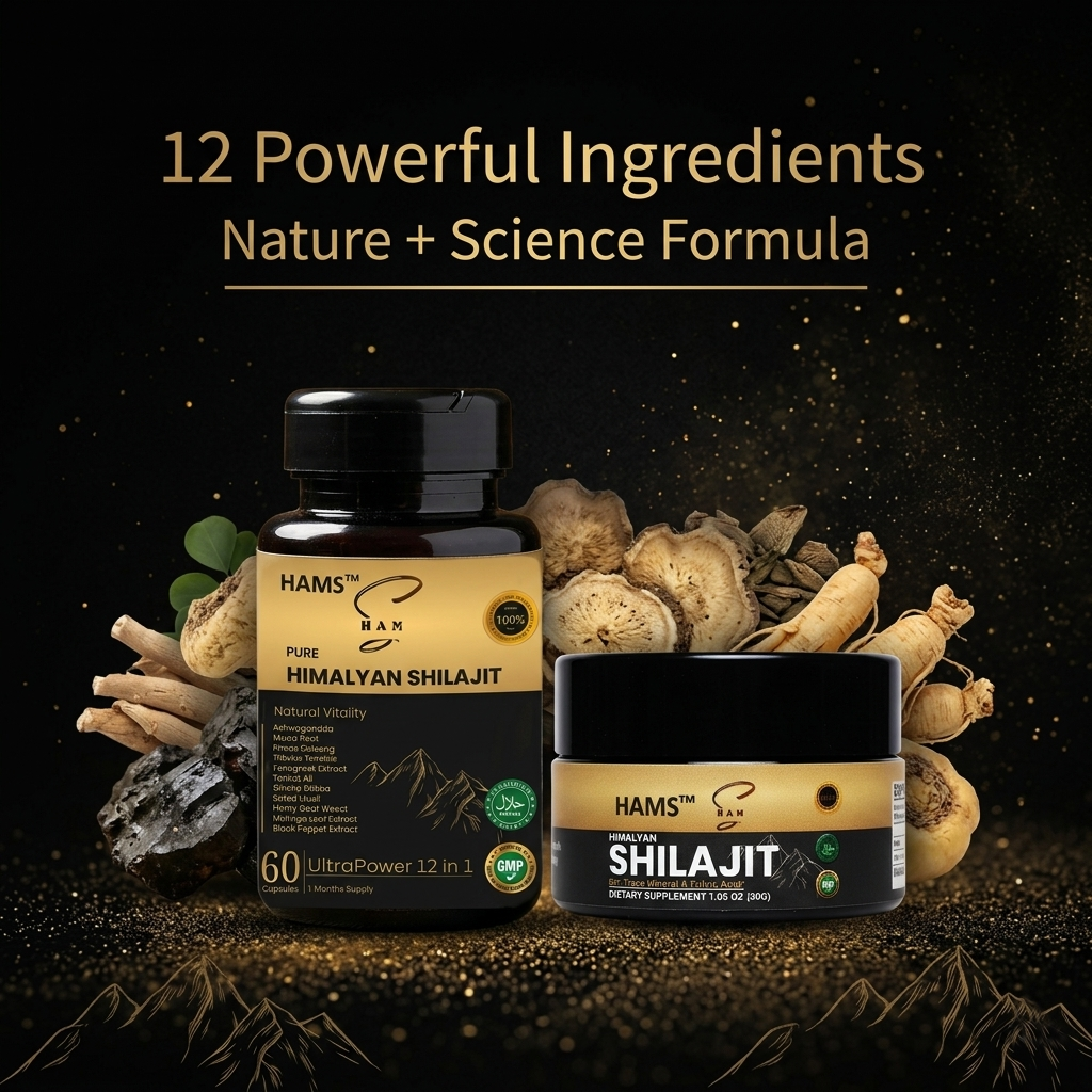 HAMS™ Himalayan Shilajit Resin + 12 in 1 Ashwagandha Blend Combo Pack of 2 | Authentic Mumijo, 84+ Trace Minerals, Fulvic Acid & Elemental Gold | High Potency Lab Tested Supplement