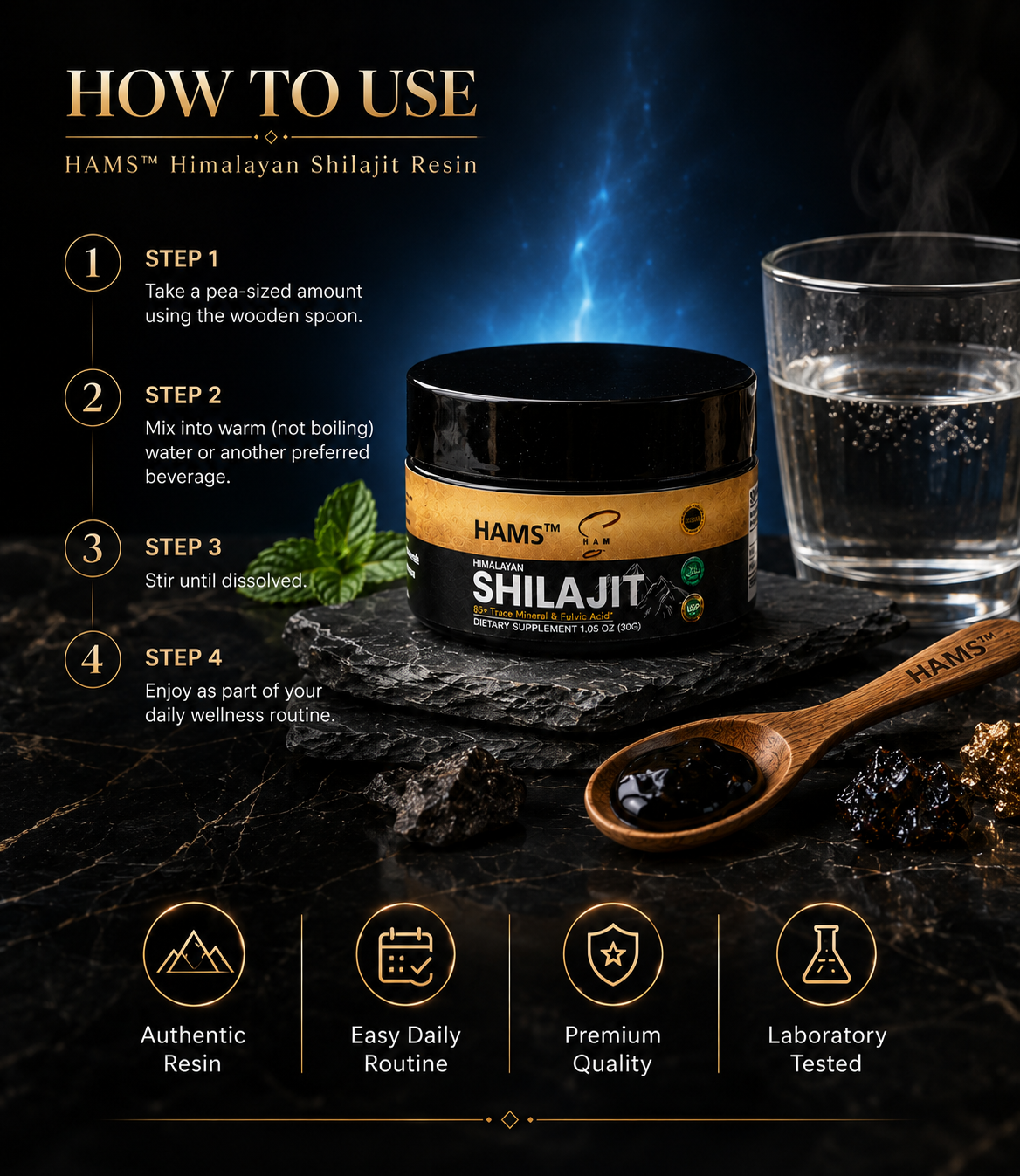 HAMS™ Pure Himalayan Shilajit Resin 30g – Authentic Mumijo with 84+ Trace Minerals, High Potency Fulvic Acid & Elemental Gold, Lab Tested Vegan Energy & Vitality Supplement