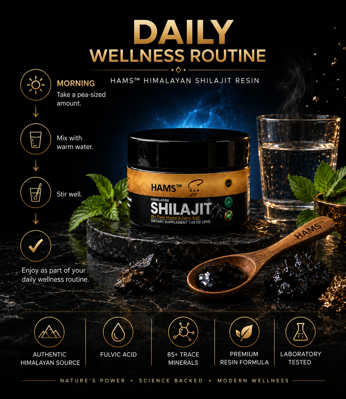 HAMS™ Pure Himalayan Shilajit Resin 30g – Authentic Mumijo with 84+ Trace Minerals, High Potency Fulvic Acid & Elemental Gold, Lab Tested Vegan Energy & Vitality Supplement
