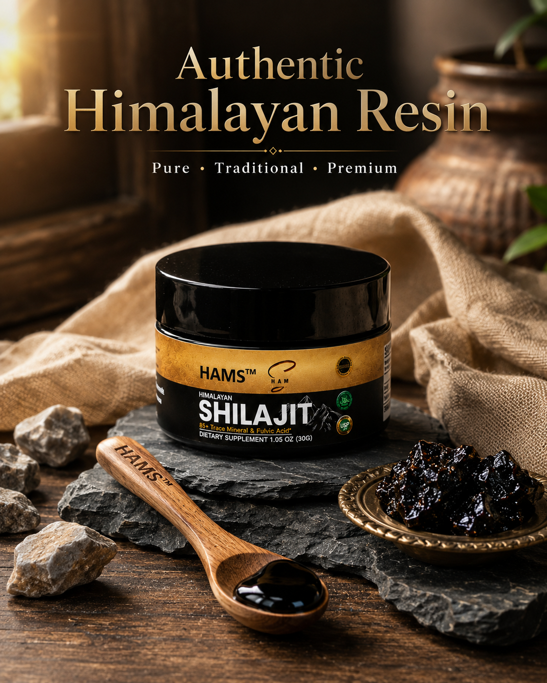 HAMS™ Pure Himalayan Shilajit Resin 30g – Authentic Mumijo with 84+ Trace Minerals, High Potency Fulvic Acid & Elemental Gold, Lab Tested Vegan Energy & Vitality Supplement