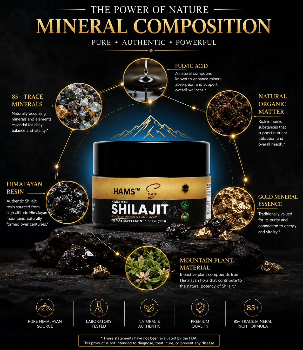 HAMS™ Pure Himalayan Shilajit Resin 30g – Authentic Mumijo with 84+ Trace Minerals, High Potency Fulvic Acid & Elemental Gold, Lab Tested Vegan Energy & Vitality Supplement