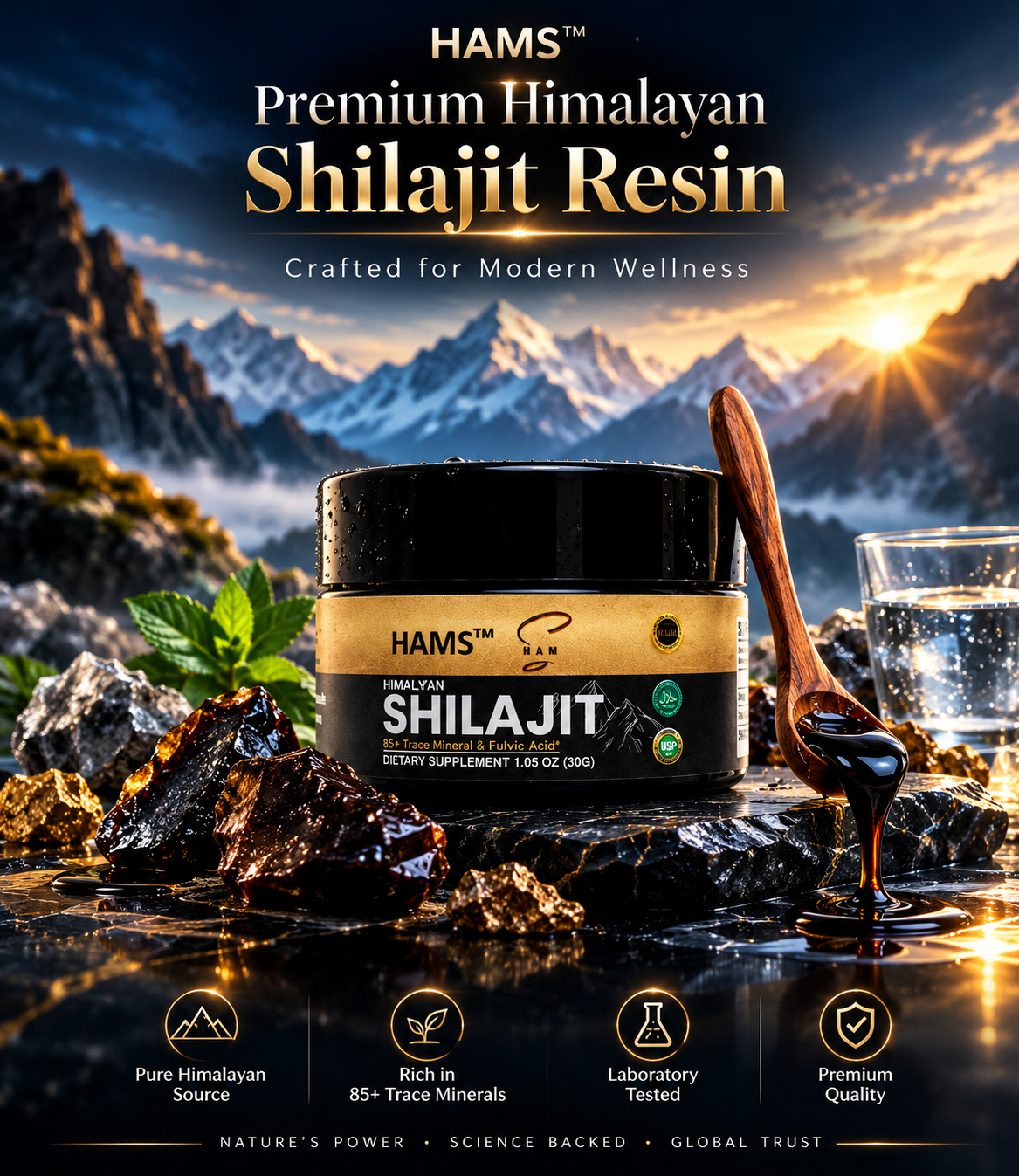 HAMS™ Pure Himalayan Shilajit Resin 30g – Authentic Mumijo with 84+ Trace Minerals, High Potency Fulvic Acid & Elemental Gold, Lab Tested Vegan Energy & Vitality Supplement