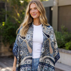 Premium Navy Blue Paisley Wool Scarf for Women – Elegant Printed Winter Wrap with Fringed Edges