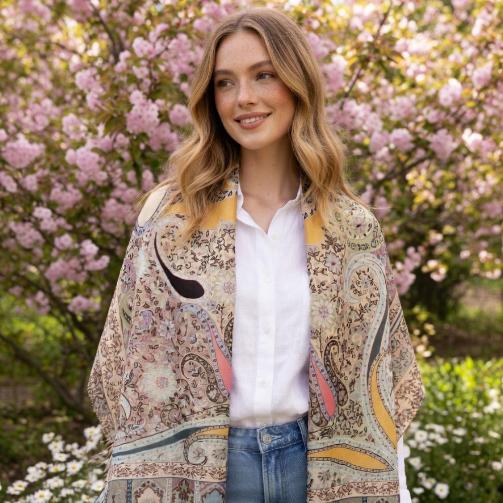 Premium Multicolor Paisley Wool Shawl for Women – Beige, Dusty Pink & Mustard Floral Printed Winter Wrap