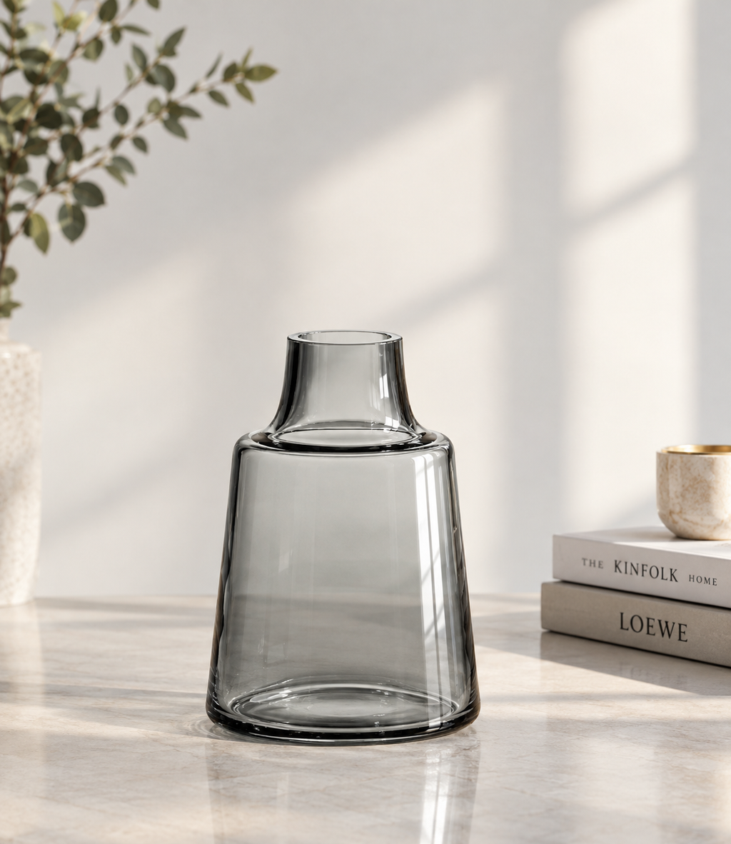 Elegant Glass Flower Vase for Modern Home Décor, Decorative Clear and Coloured Glass Vase with a Stylish Design, Ideal for Fresh Flower Arrangements, Living Room, Bedroom, Dining Table, Office and Contemporary Interior Decoration.