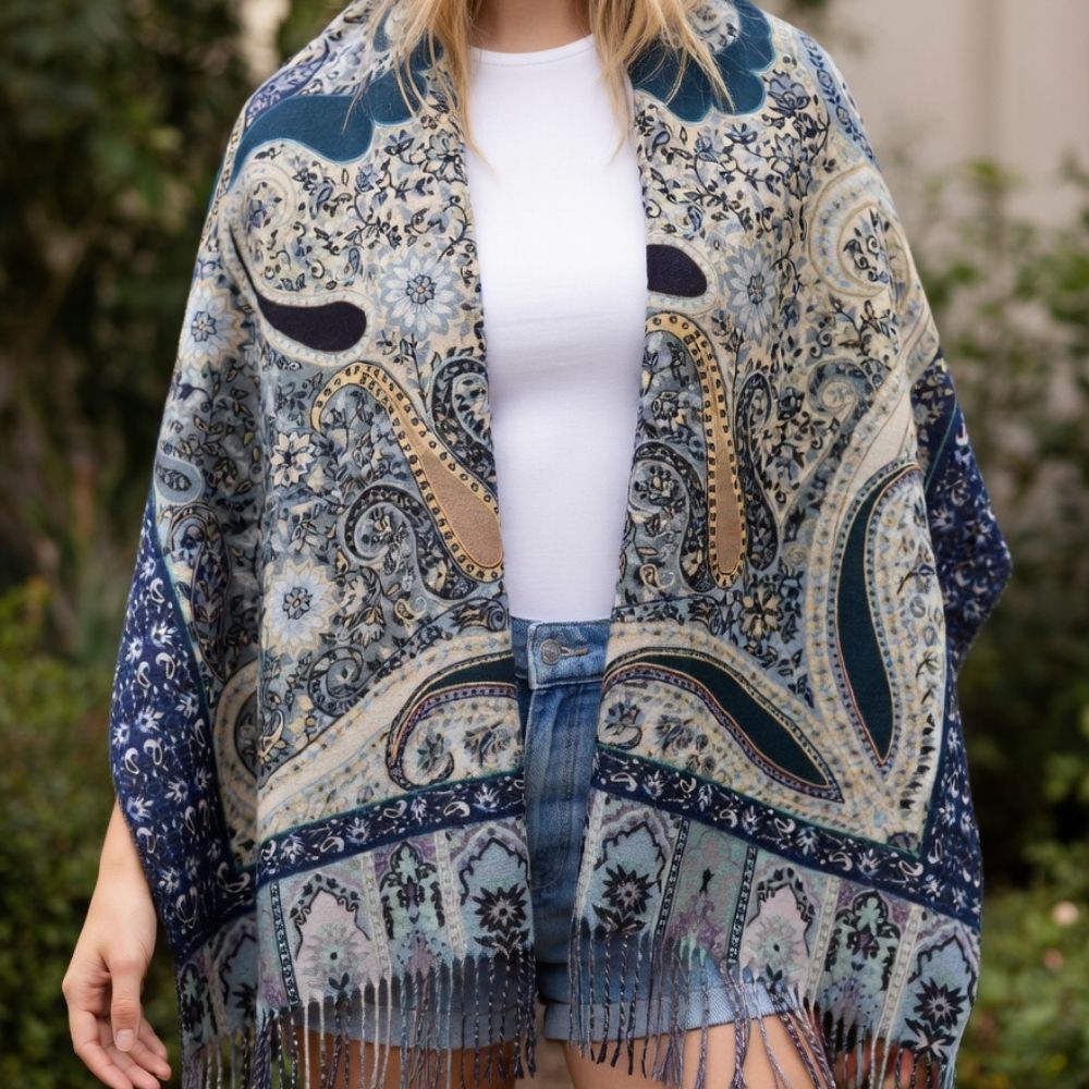 Premium Navy Blue Paisley Wool Scarf for Women – Elegant Printed Winter Wrap with Fringed Edges