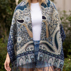 Premium Navy Blue Paisley Wool Scarf for Women