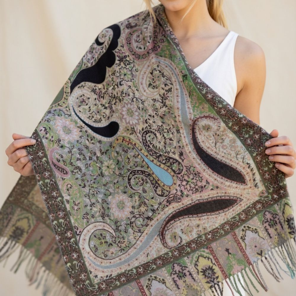 Premium Paisley Wool Shawl for Women – Elegant Printed Winter Wrap with Fringed Edges