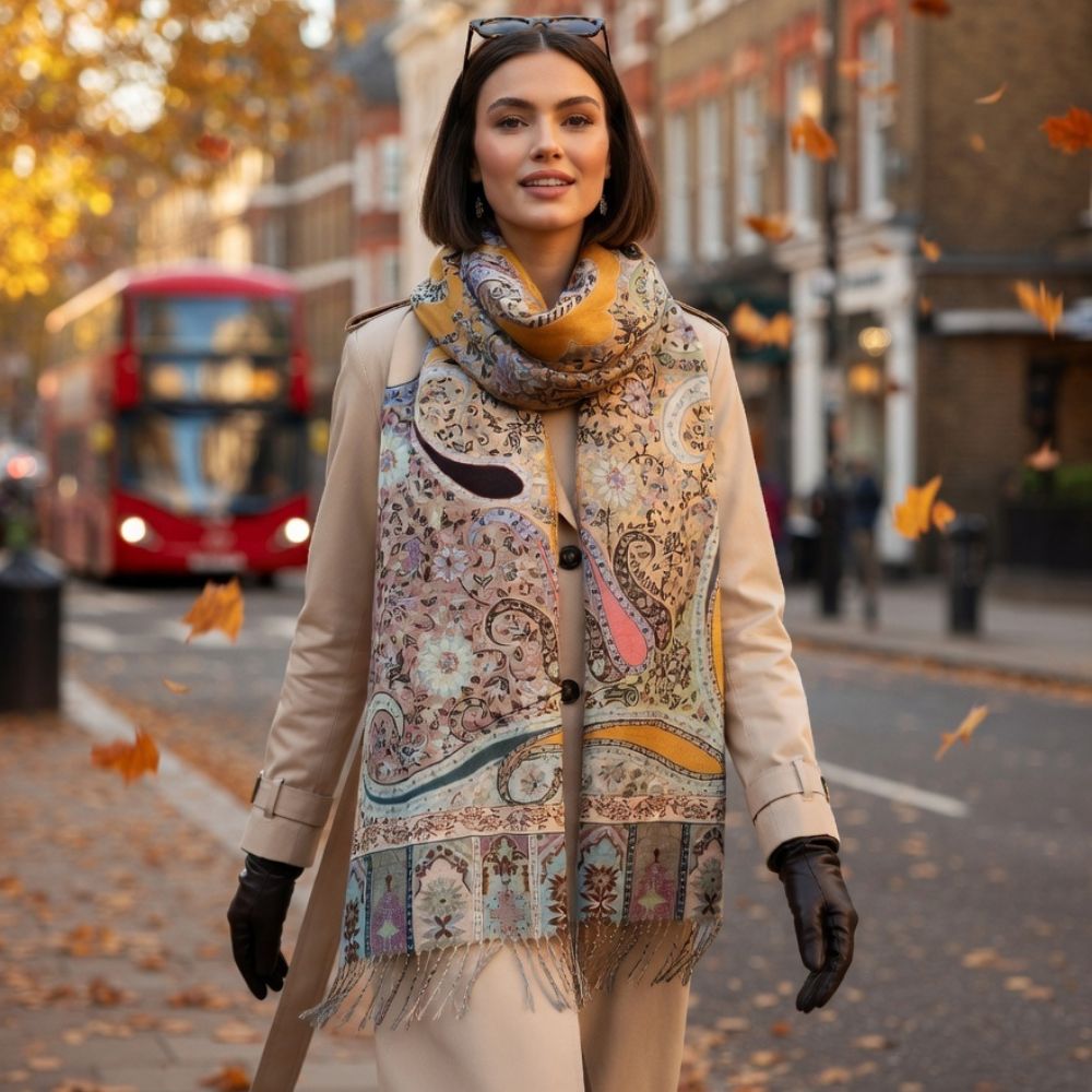 Premium Multicolor Paisley Wool Shawl for Women – Beige, Dusty Pink & Mustard Floral Printed Winter Wrap