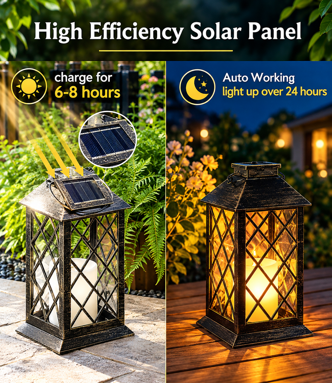 Set of 2 Solar Outdoor Lanterns – Antique Gold Flickering Candle Lights, 14 Inch