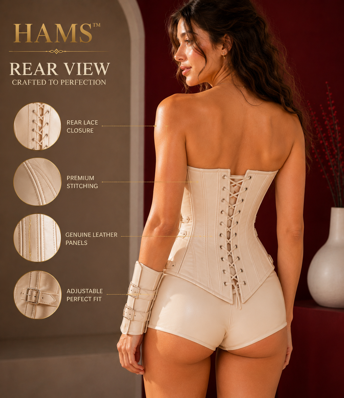 HAMS™ Women’s Genuine Leather Waist Cincher Corset, White Steampunk Gothic Corset with Adjustable Lace-Up Closure and Matching Leather Wrist Bracer
