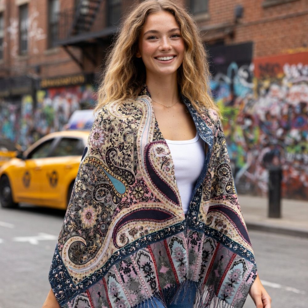 Premium Multicolor Paisley Wool Scarf for Women – Navy Blue, Pink & Beige Printed Winter Wrap with Fringes