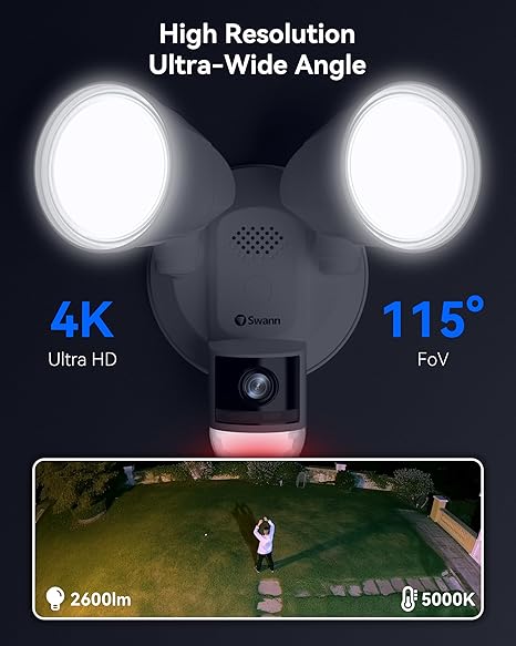 Swann 4K Floodlight Security Camera,Security Camera Outdoor with a 32GB Micro SD Card, 2-Way Talk, 2600 Lumens, Motion Detection, Color Night Vision, Wired, Waterproof
