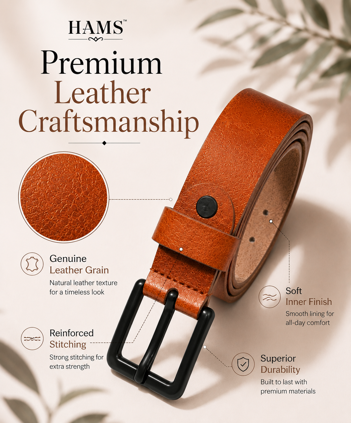 HAMS™ Genuine Cow Leather Belt for Men – Premium Tan Brown Casual & Formal Belt with Durable Metal Buckle