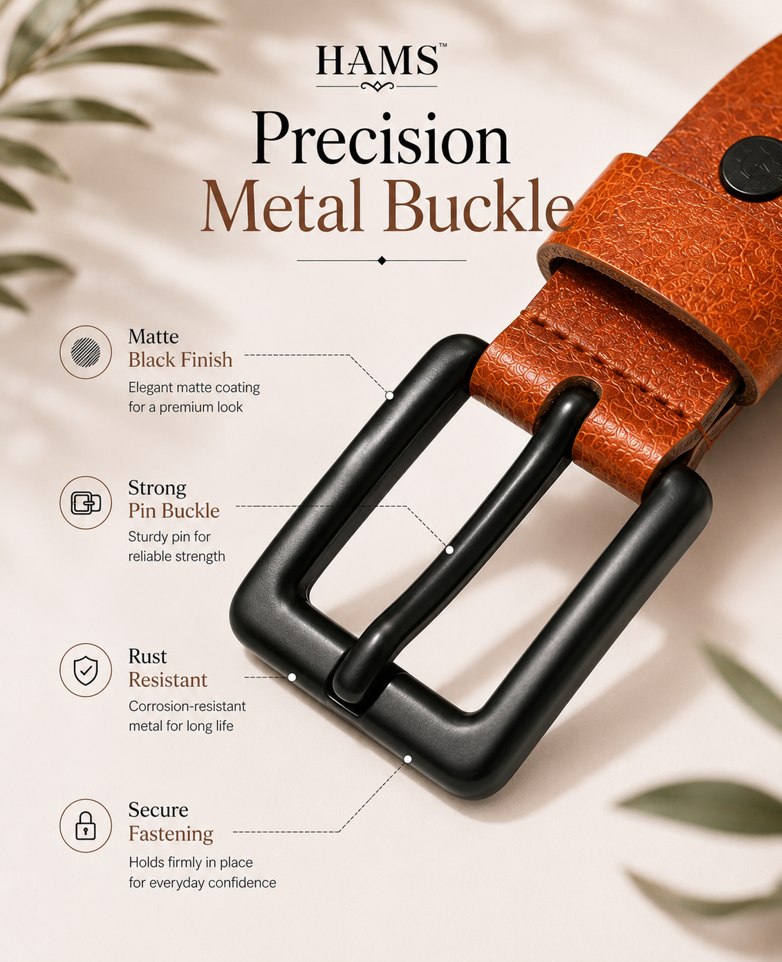 HAMS™ Genuine Cow Leather Belt for Men – Premium Tan Brown Casual & Formal Belt with Durable Metal Buckle